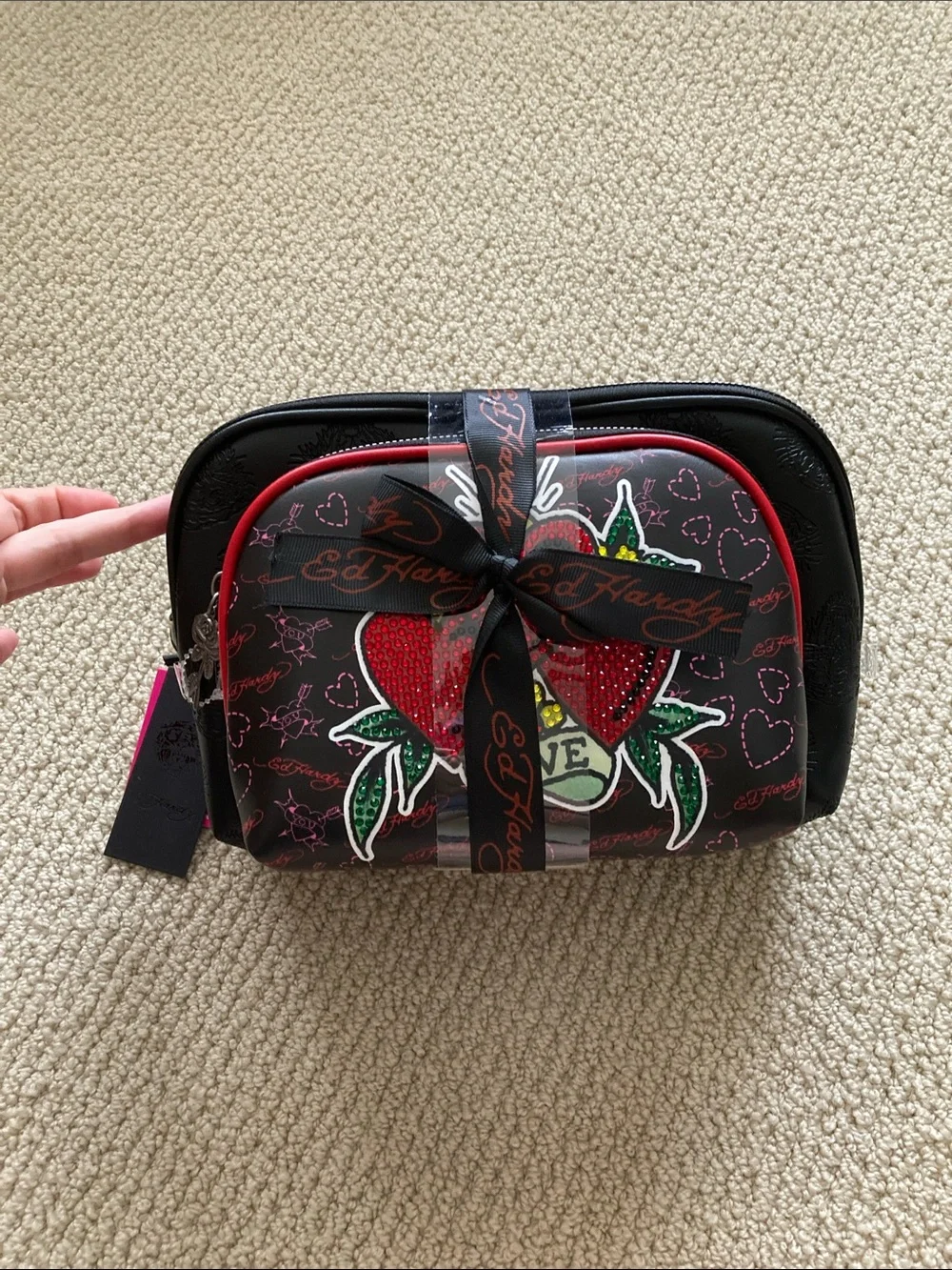 NEW Ed Hardy Cosmetic Case Bundle Two Bags Black Red Glitter Heart “Love” NWT